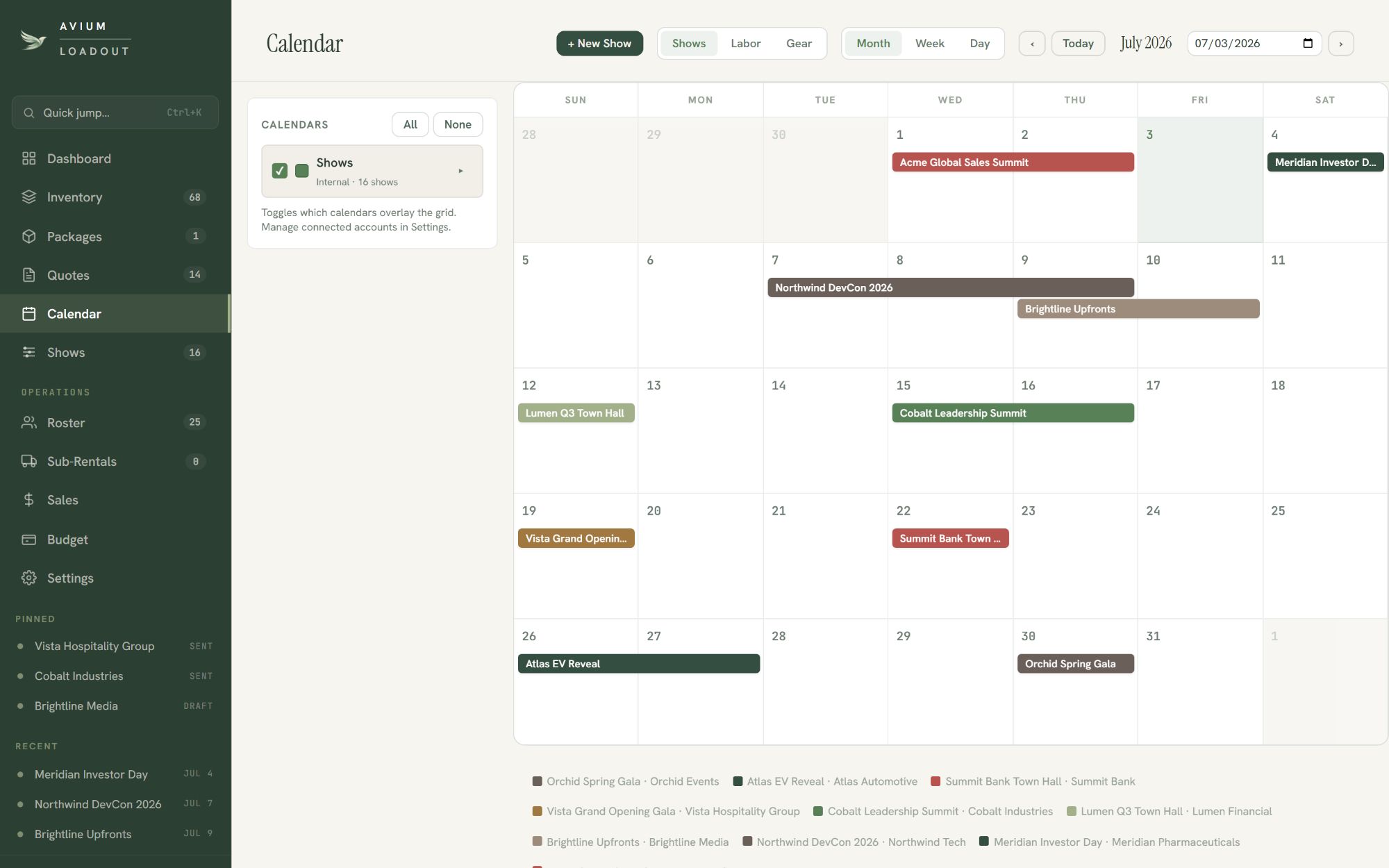 Loadout availability calendar with a month of shows
