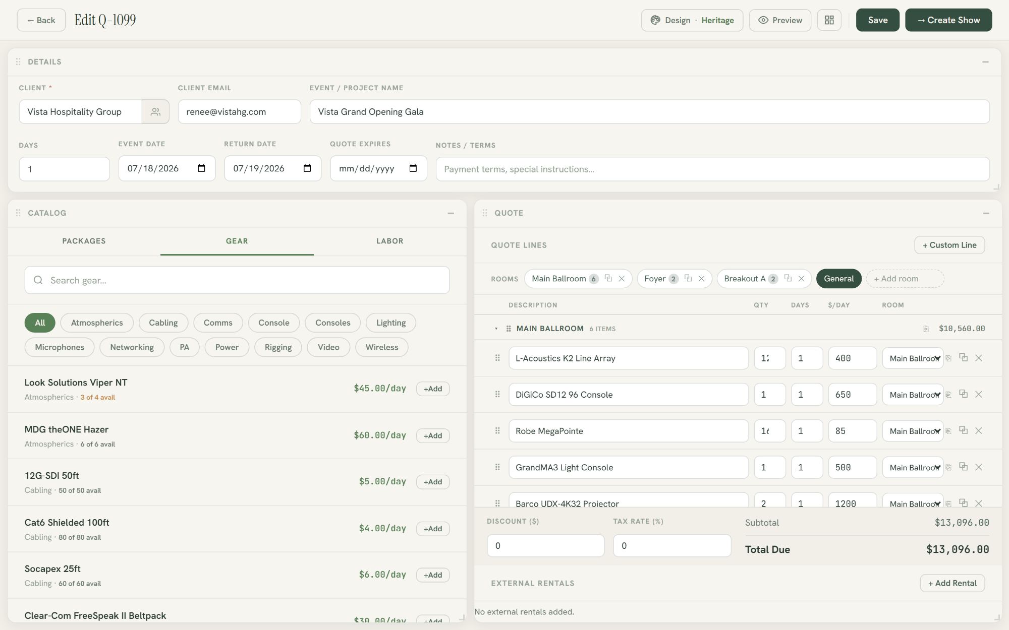 Loadout quote builder with a multi-room quote